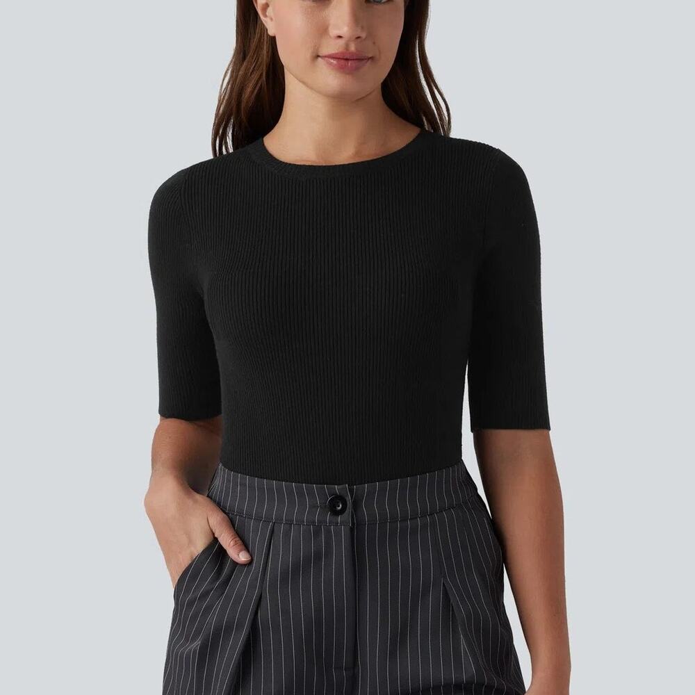 Halara Ribbed Knit Sweater Size Medium Black Work Office Minimalist Fitted